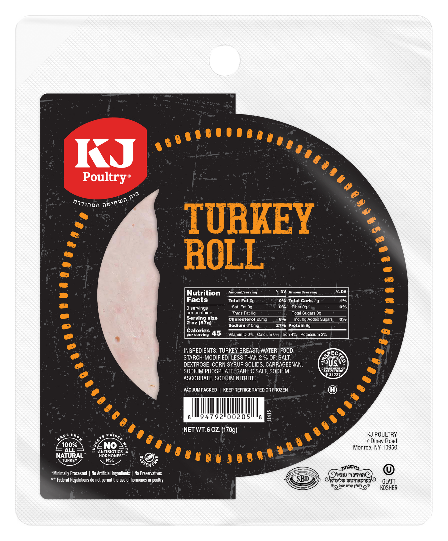 KJ Poultry Kosher Sliced Turkey Roll.